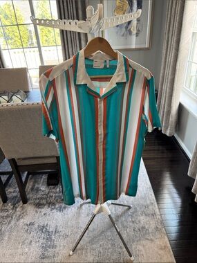 ASOS Teal, White & Orange Vertical Stripe Short Sleeve Button-Down Shirt